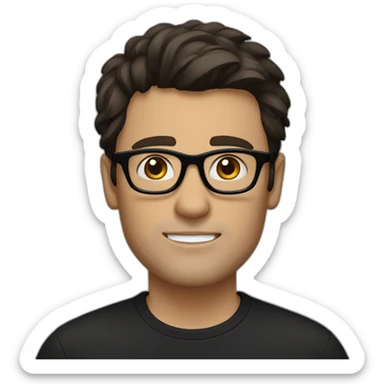a slim white man with messy short dark brown hair, with a black t-shirt, black rectangular glasses sticker