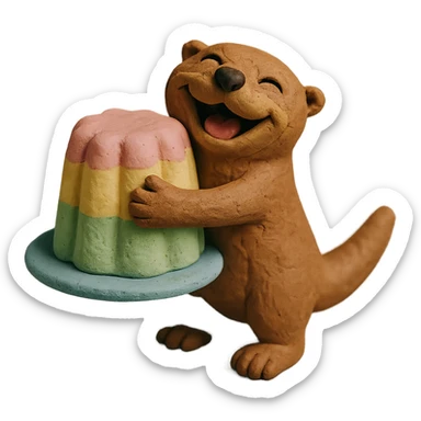laughing otter hugging pastel jelly cake, claymation style sticker