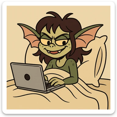 cartoon style gremlin girl with dark brown hair, pretending to work from bed, mischievous smile, laptop, cozy blanket sticker