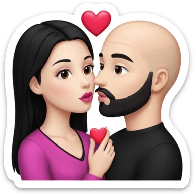 👩🏻‍❤️‍💋‍👨🏻 this one but the man should be bald. white woman with long black hair and white bald young man whoitiut hair and a heart between their heads. she has pink lips and both have brown eyes. he has e full beard but short. both wear black  sticker