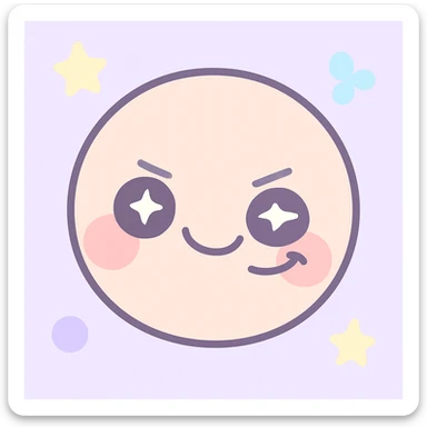 sweet and cute face with an evil smile, big round eyes, rosy cheeks, slightly upturned mouth corner showing slyness, overall feeling cute yet a bit mischievous sticker