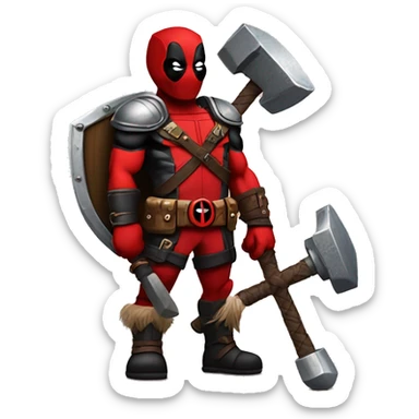 Deadpool holding Viking shield and thors hammer sticker