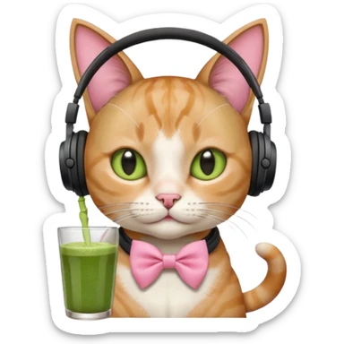 A cat wearing headphones with a glass of matcha, a pink bow on his ear sticker