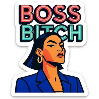 confident, glamorous woman with sharp jawline with 'Boss Bitch' in neon colors in vibrant toon style sticker