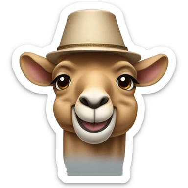 Create a cute chibi camel head with a big smile, wearing a small Turkish fez and a simplified suit. sticker