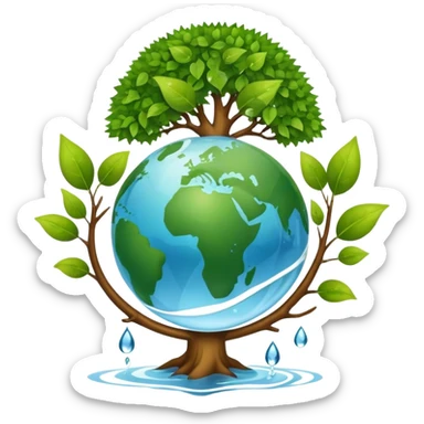 An icon featuring a tree, a recycling symbol, and a globe, representing ecology. The design includes green leaves, a water droplet, and wildlife, symbolizing the study of ecosystems, sustainability, and environmental protection. Transparent background. sticker