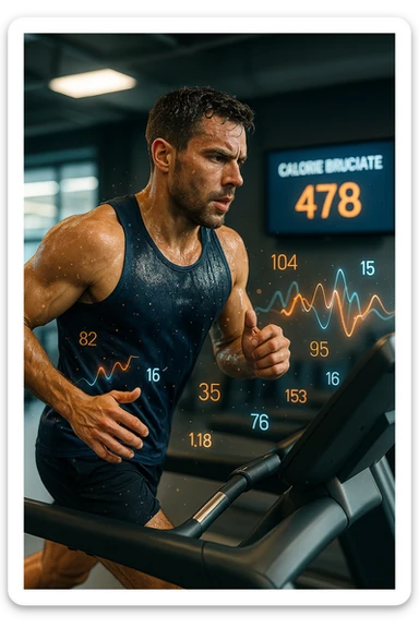 Uomo atletico su tapis roulant in palestra, visibilmente sudato, in piena corsa. Sullo sfondo uno schermo digitale che mostra 'Calorie bruciate: 478'. Intorno al corpo dell’uomo si vedono numeri fluttuanti e grafici energetici, come se si stessero misurando in tempo reale le calorie consumate. Atmosfera dinamica, luce intensa da palestra, sensazione di movimento e impegno. IN ITALIANO sticker