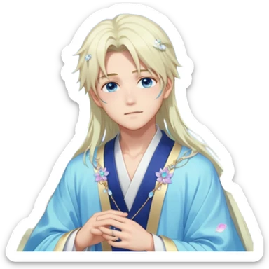 Beautiful gorgeous blushing blue-eyed youthful handsome anime guy with beautiful iridescent-pastel-whitish-special-medium-long-hair, fashion aesthetic, ethereal, fairycore, pastelcore, flower petals, crystals, layered robes, accessories, jewelries, gold, colorful, shiny, trending style, outside sticker