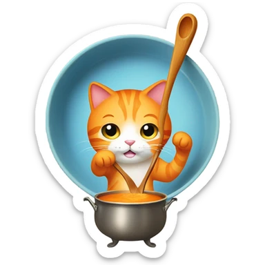 Orange cat stirring soup in a pot sticker