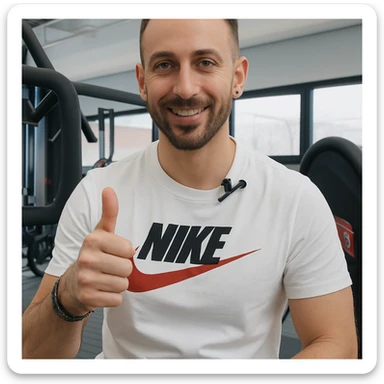 Edit the image of a man in a gym environment making an OK gesture with his thumb up, confirming positively with a natural and positive expression. Render in a photorealistic style. sticker