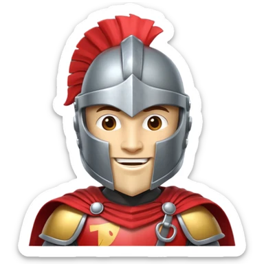 A friendly Trojan warrior mascot with a large cartoon-style head, wearing a silver helmet with a red crest and black cheek guards.  confident smile. The character wears dark armor with metallic details and a bright yellow cape.  sticker
