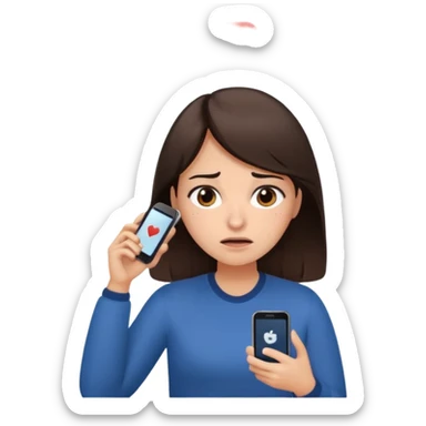 Social media manager. She has dark brown hair, brown eyes, overwhelmed expression, tired eyes, slightly stressed face,a holding a smartphone with notifications piling up sticker