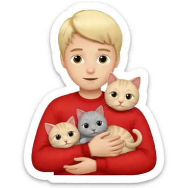 Make 20 gray cats cudling a kid that’s a boy wearing all red and he’s blond sticker