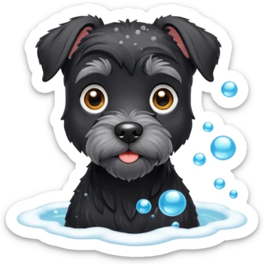 Black miniature schnauzer getting a bath with soapy bubbles sticker