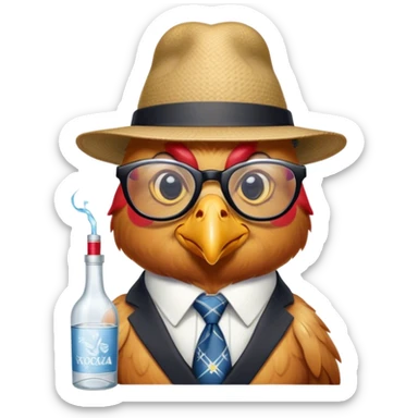 Chicken with a tattoo of three sixes above its eyebrow, wearing glasses, a hat, a tie, and holding a bottle of vodka. sticker