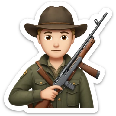 male hunter sitting and holding a rifle, minimal background sticker