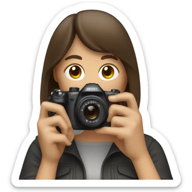 Woman with bangs, brown hair, with a camera taking pictures sticker