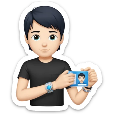 driving license of ipretty bratz emoji of a boy with a black tee, silver- blue bracelet, black hair sticker
