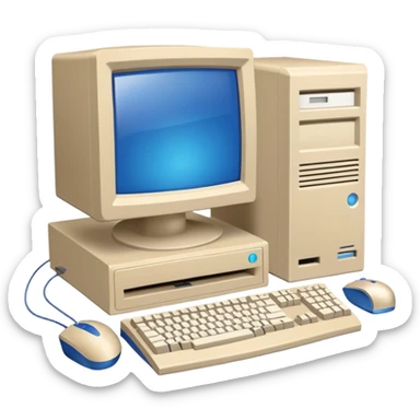 Early 2000s desktop computer, beige plastic casing, CRT monitor with blue screen, tower CPU with CD drive, separate wired keyboard and mouse, simple tech setup sticker