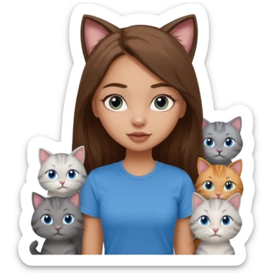 a pretty bratz dusky light skin girl with long brown hair, blue eyes with six cats nd wearing a grey tshirt sticker