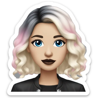 Slavic adult woman, goth eyes makeup, pink lips, blue eyes, medium bob black-to-blonde ombre wavy hair, white T-shirt and black office jacket. sticker
