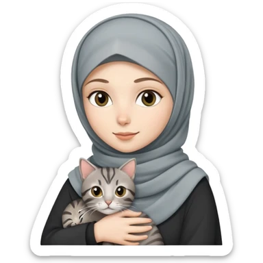 White girl wearing  hijab holding a black grey tabby cat sticker