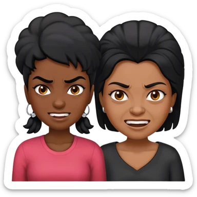 a black-skinned angry girl with black hair next to an older black lady who smile sticker