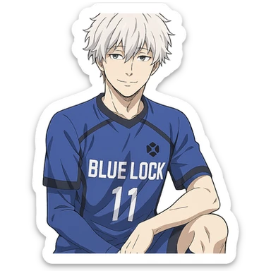 Nagi Seishiro from Blue Lock, anime style, relaxed pose, white hair, blue soccer jersey, gentle smile sticker