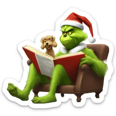 The grinch riding a poodle in the library while reading a comic book sticker