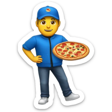 Pizza delivery white guy, black hat, blue puff jacket and red pizza bag sticker