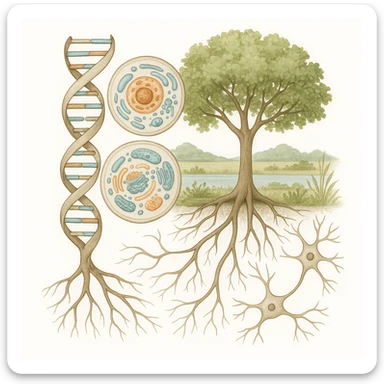 A realistic biological illustration (like in a school book) showing: DNA strands transitioning into a tree, cells with visible organelles, neurons connected to plant roots  and a balanced ecosystem background . Seamless integration, no labels or borders. Scientific color scheme, detailed but minimalist. please white background sticker
