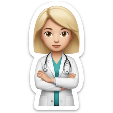 3D memoji style female doctor in medical coat, arms crossed, serious but calm expression, slightly raised eyebrow, professional look, centered, isolated, PNG, transparent background sticker