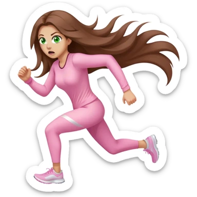 pretty woman with very long brown hair and green eyes and light pink outfit running scared sticker