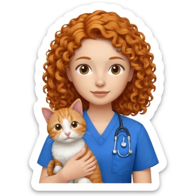 a ginger curly hair vet woman with blue scrub holding a cat sticker