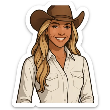 cowgirl with long blonde hair, brown eyes, wearing a cowboy hat, white clothing, tanned skin, clear and appealing style, friendly expression sticker