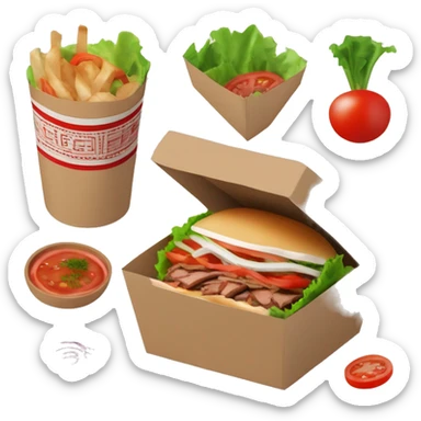 “Generate a detailed image of a doner kebab served in a takeaway box, with sliced meat, fresh lettuce, tomatoes, onions, and a drizzle of sauce.” No face sticker