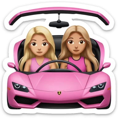 Make car far away so I can see full car Car facing forward in sports car. Make hair long  One girl isFront of car sitting in the seats. Make it a pink sports car. They are two baddies make it a Lamborghini pink car  sticker