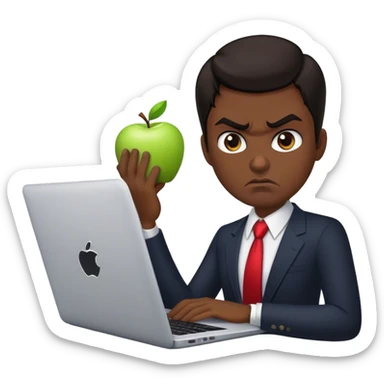 memoji of a realtor with a laptop in front, apple-style,modern,dark hair,black, angry sticker