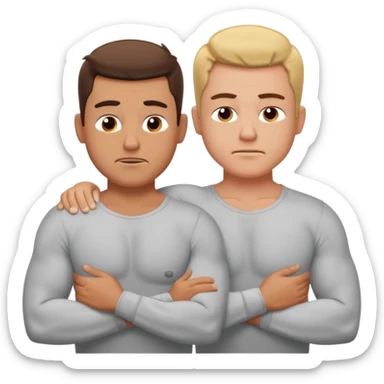 Two buff dudes. Both facing the same direction. Both of them have their shirts off. The person behind is giving the person in front a back massage with both hands over the person in the fronts shoulders. They’re making a morning face. sticker