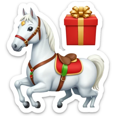 christmas new year's white horse with a red saddle with gift box on saddle sticker