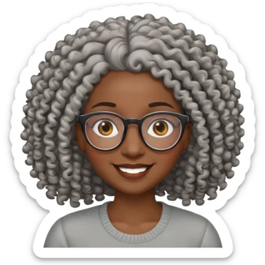 smiling dark black woman wearing glasses with lots of curly gray hair a sticker
