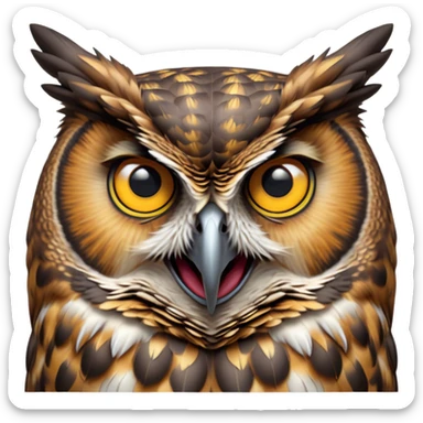 Cinematic Comical Great Horned Owl Portrait Emoji, Head tilted dramatically with an exaggeratedly amused expression, featuring a strikingly patterned mottled plumage with bold contrasts, wide, expressive golden eyes filled with playful disbelief, Simplified yet hilariously expressive features, highly detailed, glowing with a slightly sassy glow, high shine, dramatic yet playful, stylized with an air of cheeky nocturnal mischief, bright and endearing, soft glowing outline, capturing the essence of a spirited and over-the-top owl, so meme-worthy it feels like it could hoot its way into internet fame instantly! sticker