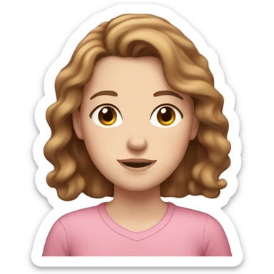 Pale white girl with brown wavy hair, freckles, brown eyes and a pink shirt.  sticker