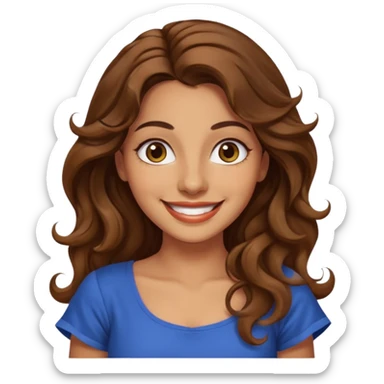 30 yr old italian woman, long brown wavy hair, big brown eyes, huge smile, fancy dress, no bangs, t shirt sticker