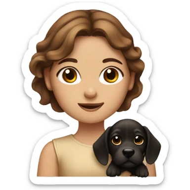 Girl with brown hair holding a tan puppy with black snout  sticker