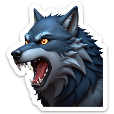 cinematic-noble-fierce-werewolf-howling-portrait-emoji, poised-and-imposing, with a fierce wolfish face tilted upwards in a haunting howl, glowing eyes full of primal ferocity, sharp, and a rugged snout, fur rippling in shades of midnight black and silver, muscles tensed as the powerful howl echoes beneath the moonlit sky; rendered with realism, capturing the raw, untamed power of the beast in its wild, primal state sticker