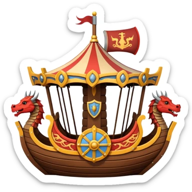 viking-themed carousel with wooden structure, viking ship seats, shields and dragon heads as decorations, emoji style sticker
