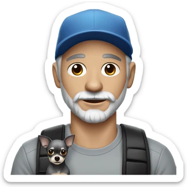 blue eyed man, with grey hair,  grey goatee, wearing ball cap, holding ‘a black long hair chihuahua’ sticker