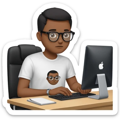 Un homme développeur de teint noir, assis à un bureau moderne avec un ordinateur portable allumé devant lui, écran affichant du code en exécution. Il porte une tenue casual (t-shirt sombre ou chemise simple), lunettes élégantes optionnelles. Expression concentrée, lumière douce venant de l’écran.  sticker