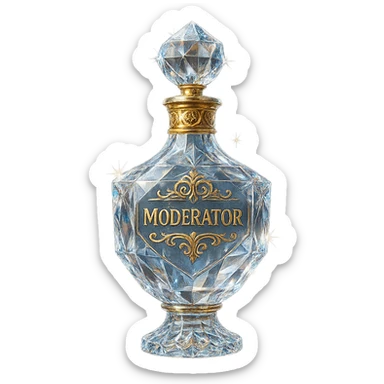 crystal luxurious elixir bottle with the inscription 'Moderator', lots of shining, facets, ornaments, golden details, magical effects, very small golden neck, transparent background, beautiful seamless bottom, bottle clearly floating in the air without base or shadow, very luxurious, modern, matching the collection sticker